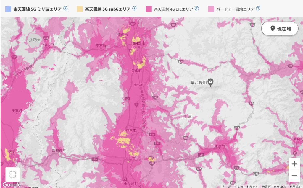 2022年岩手の楽天モバイル回線エリア地図（5G）